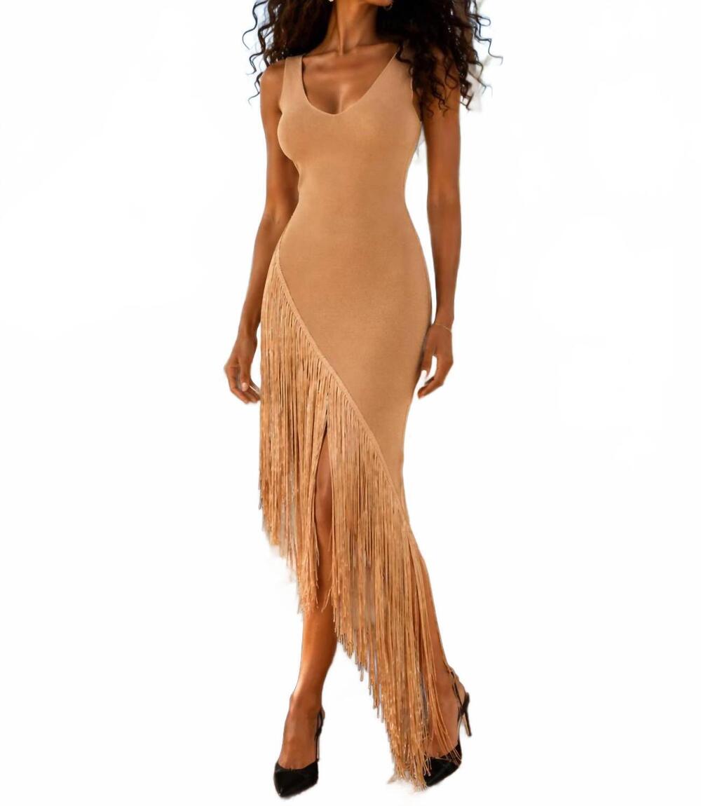 NEW SURELYMINE desert mirage fringe midi dress in beige